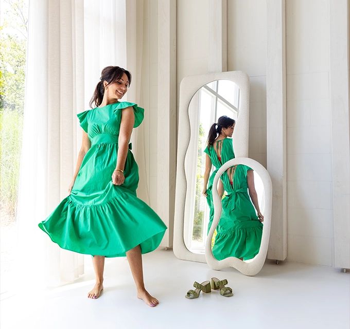 model groene jurk | Bouman & Potter